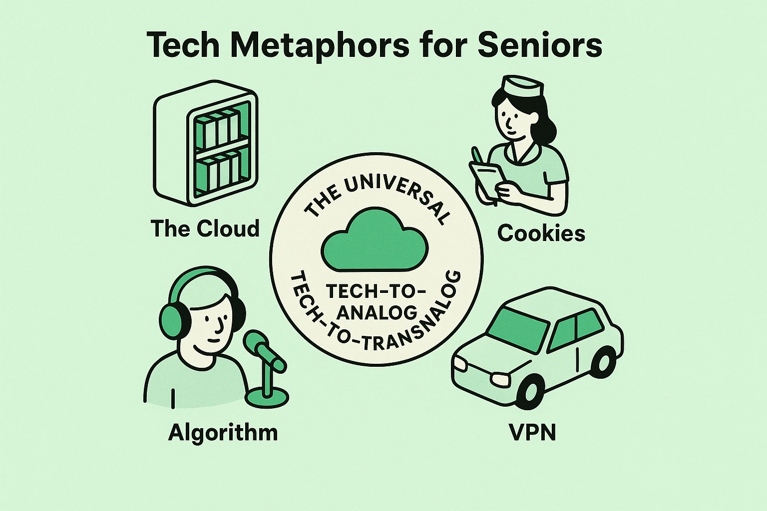 This image connects challenging internet concepts to familiar mid-century analogies, helping seniors grasp complex ideas through relatable visuals.