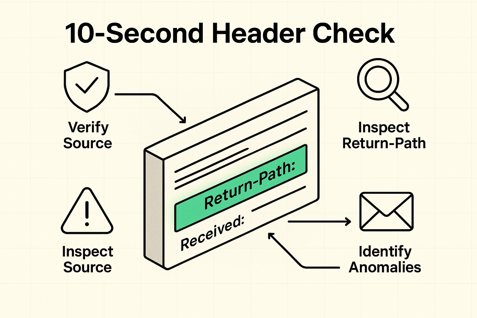 This visual explains the essential Return-Path and Received email header lines, empowering users to verify sender authenticity and spot phishing quickly.