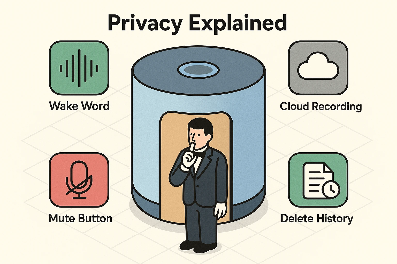 Visualizes how Alexa listens locally until activated by wake words and the importance of physical mute and voice history deletion for privacy.
