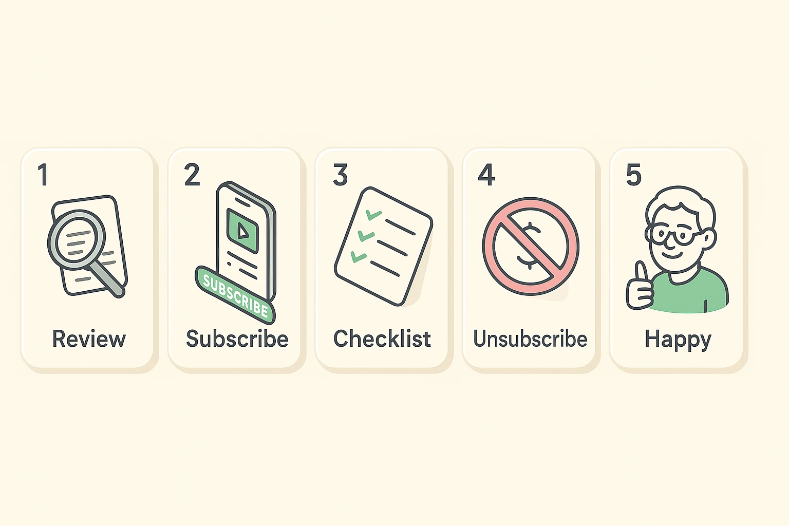 Visual guide to a five-step digital subscription audit helping seniors and helpers identify and cancel unwanted recurring charges.
