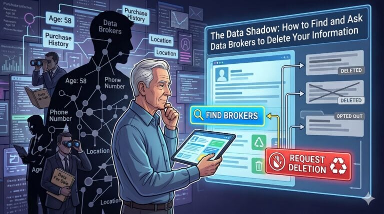 An older man looking thoughtfully at a digital tablet, surrounded by a conceptual 'data shadow' consisting of silhouette figures and floating data points like phone numbers and purchase history. To his right, a digital interface displays 'Find Brokers' and 'Request Deletion' buttons with confirmed 'Deleted' status tags.