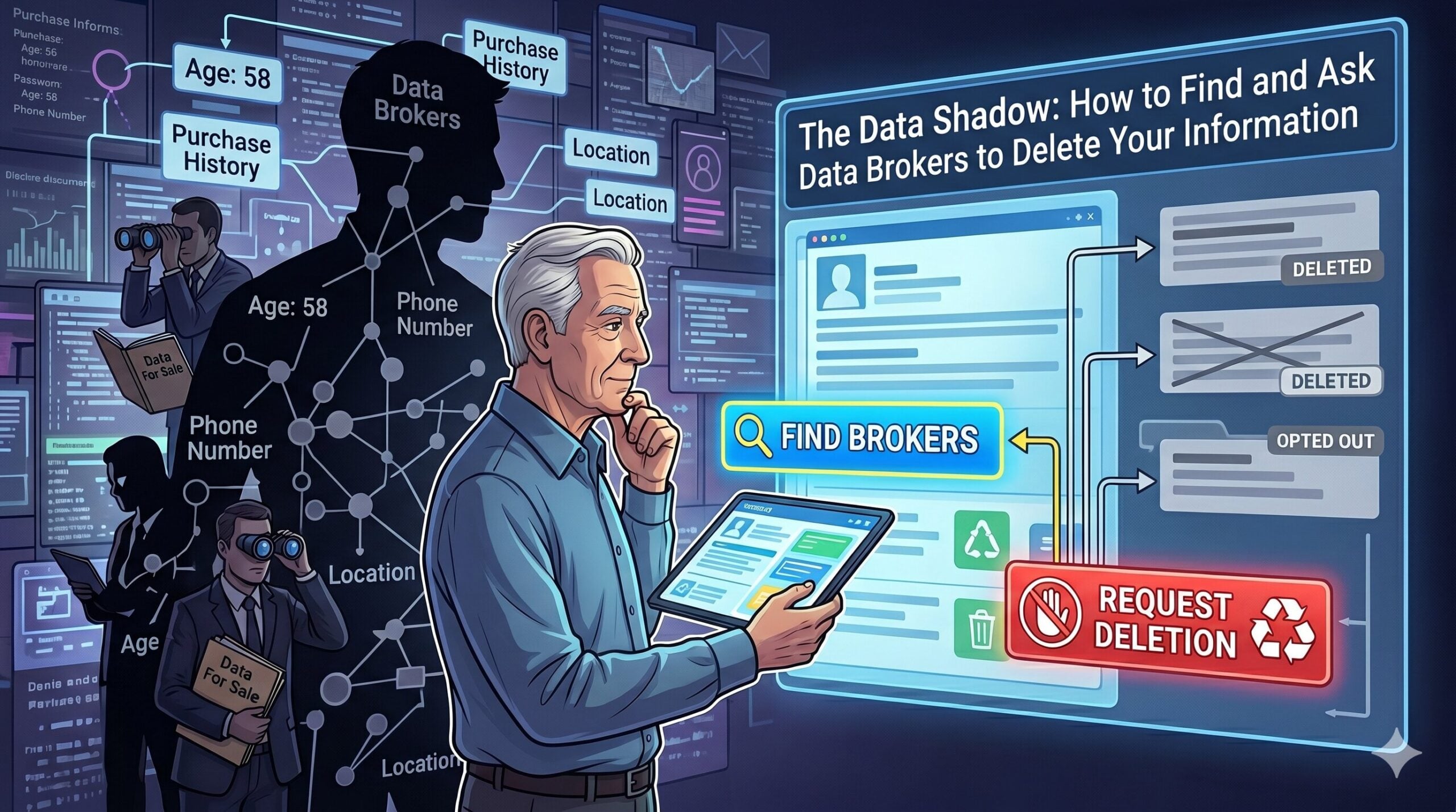 An older man looking thoughtfully at a digital tablet, surrounded by a conceptual 'data shadow' consisting of silhouette figures and floating data points like phone numbers and purchase history. To his right, a digital interface displays 'Find Brokers' and 'Request Deletion' buttons with confirmed 'Deleted' status tags.