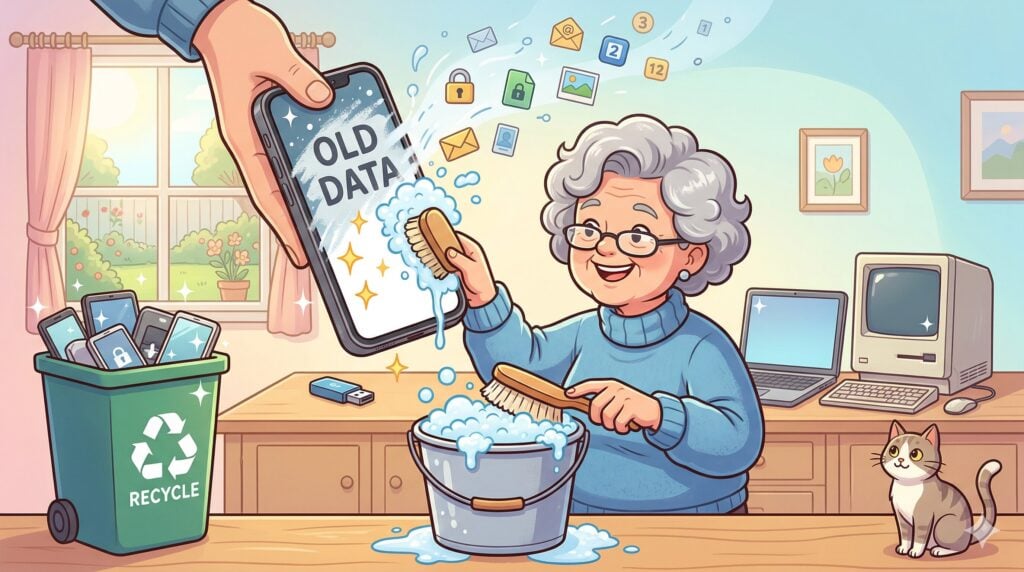 A cartoon illustration of an older woman with grey hair and glasses smiling as she uses a scrub brush and soapy water to wash the words "OLD DATA" off the screen of a large smartphone, which shows icons like envelopes and photos floating away into the air. A recycling bin filled with old phones sits to the left.