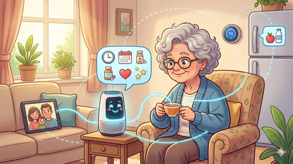 A friendly cartoon illustration of a senior woman sitting in an armchair with a cup of tea, smiling at a small smart assistant on a side table. The assistant has a glowing blue face and is connected by light-blue glowing lines to icons for medication, calendars, and a digital tablet showing a video call with her family. A smart thermostat and a refrigerator with a milk icon are also visible in the background.
