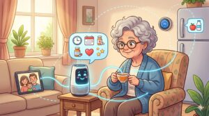 A friendly cartoon illustration of a senior woman sitting in an armchair with a cup of tea, smiling at a small smart assistant on a side table. The assistant has a glowing blue face and is connected by light-blue glowing lines to icons for medication, calendars, and a digital tablet showing a video call with her family. A smart thermostat and a refrigerator with a milk icon are also visible in the background.