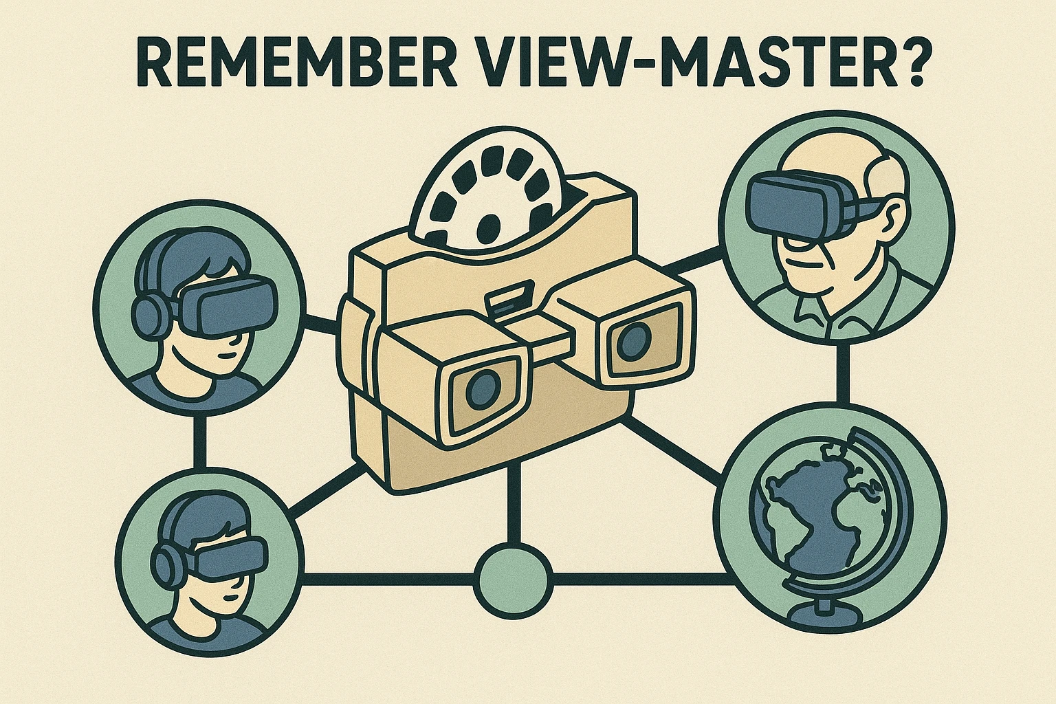 This visual introduces the View-Master analogy to help seniors relate traditional nostalgia to modern VR technology through key connected elements.
