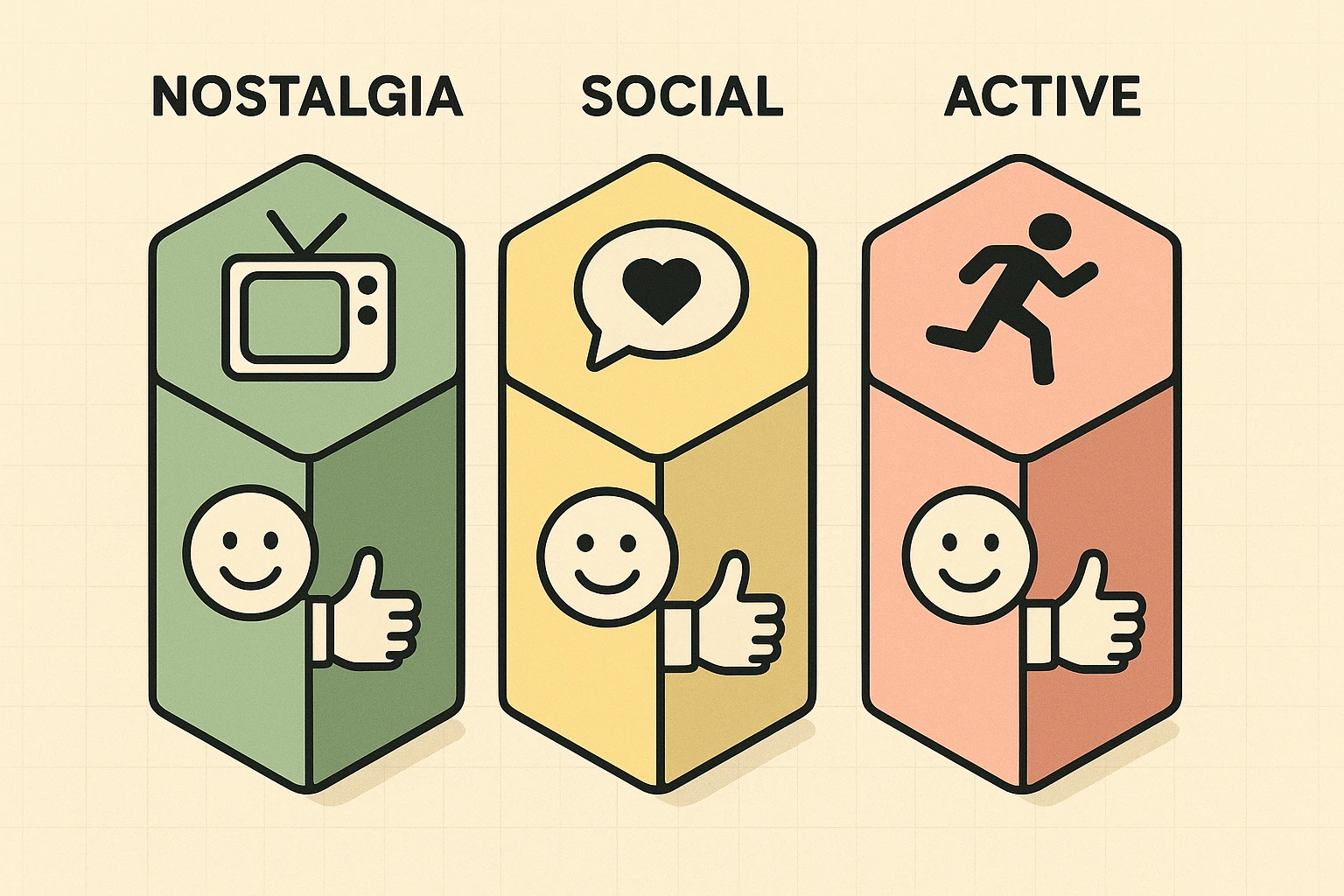 This grid compares three categories of immersive experiences for seniors, blending nostalgic, social, and active VR apps with safety ratings.