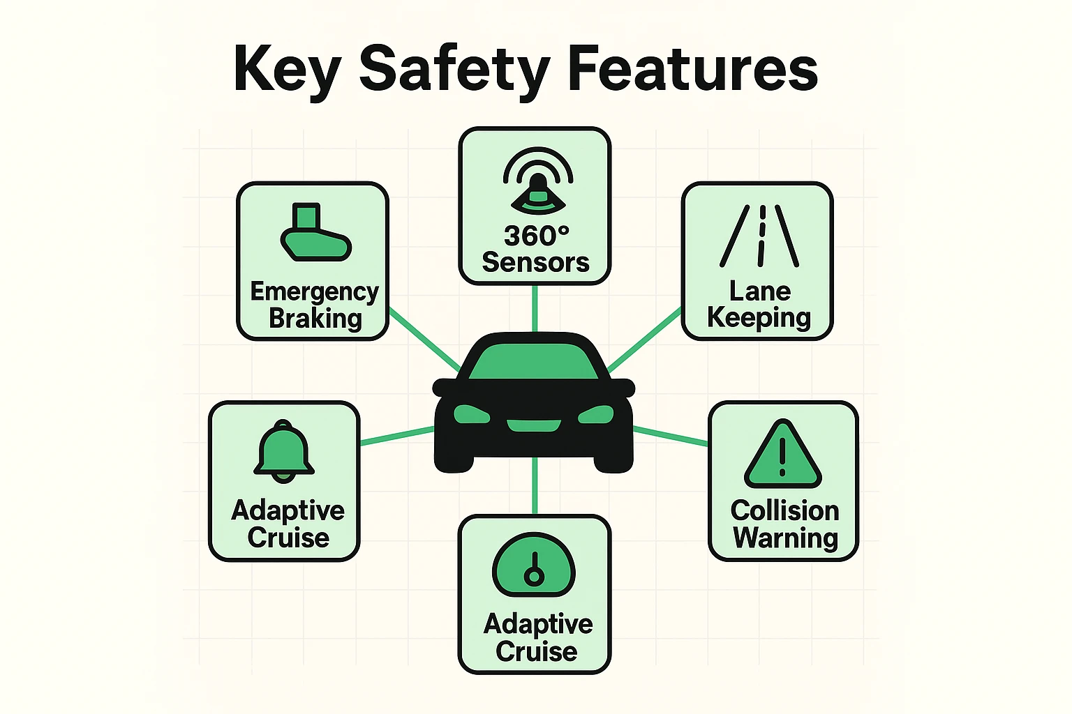 This visual framework maps crucial safety features in autonomous vehicles designed to address and reduce seniors' concerns about technology trust.
