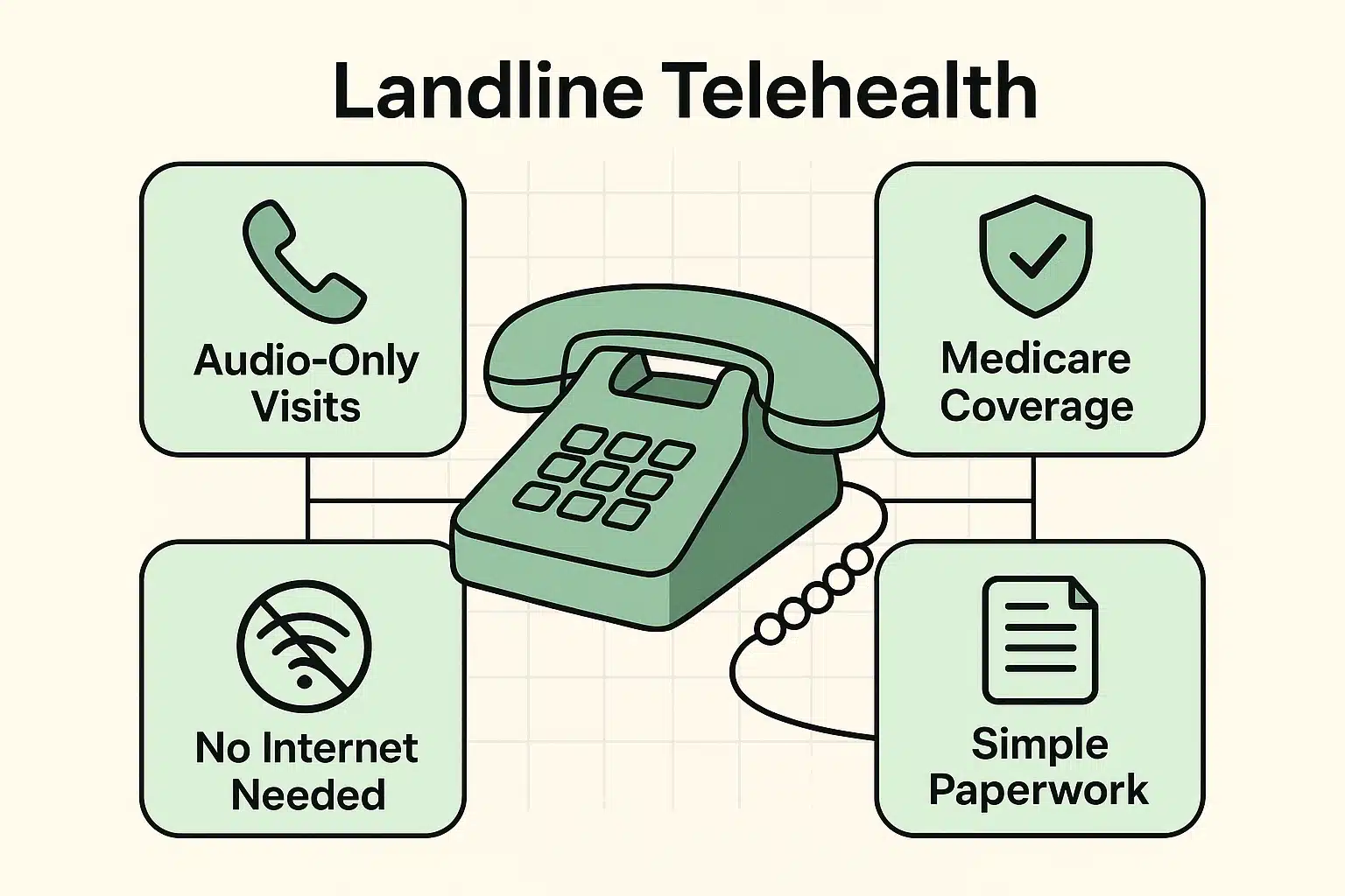 This visual validates landline phones as official telehealth devices, highlighting Medicare coverage and emphasizing audio-only consultations without internet.