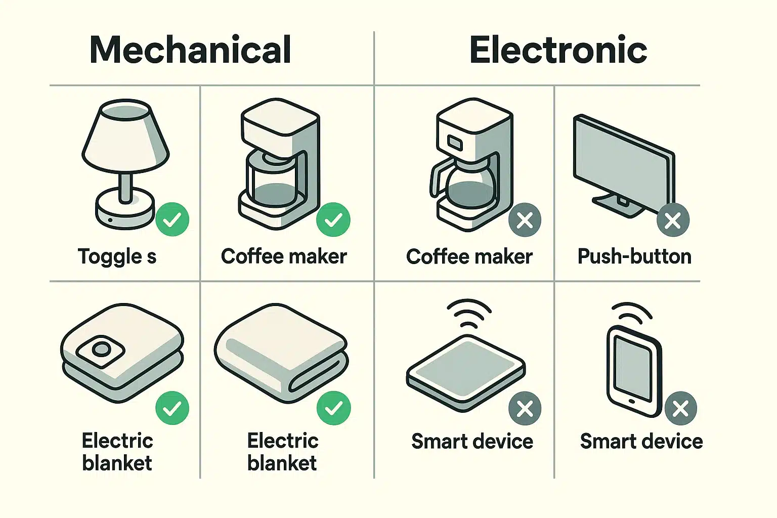 Comparison of common household appliances categorized by mechanical switch compatibility to guide seniors on effective smart plug use and energy savings.