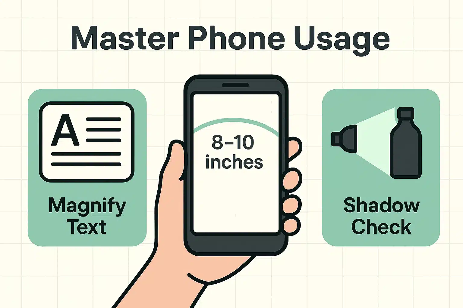 Illustrates essential techniques for seniors using AR: holding the phone at the ideal 'elbow distance' and using the flashlight to prevent shadows, improving app effectiveness.
