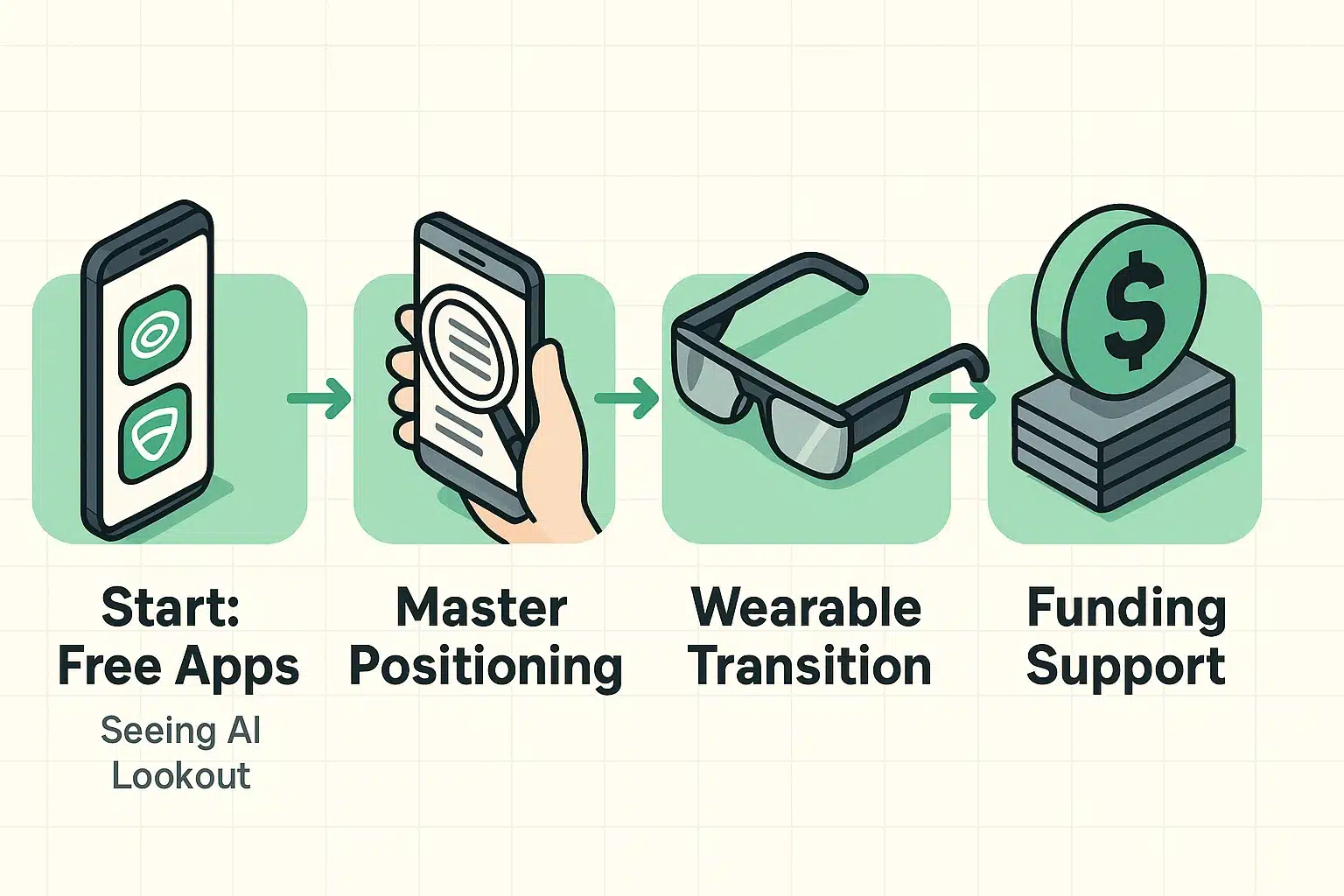 This visual guides seniors through a stepwise learning path, from starting with free AR apps to mastering device positioning, then transitioning to wearables, capped with financial aid resources.