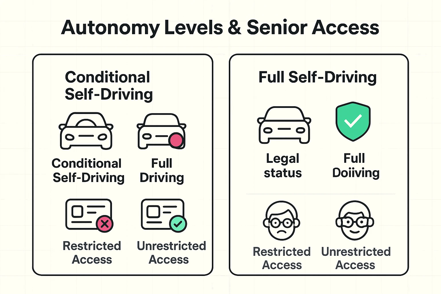 A clear side-by-side comparison of SAE Level 4 and 5 autonomy highlighting differences in safety, legality, and senior accessibility.