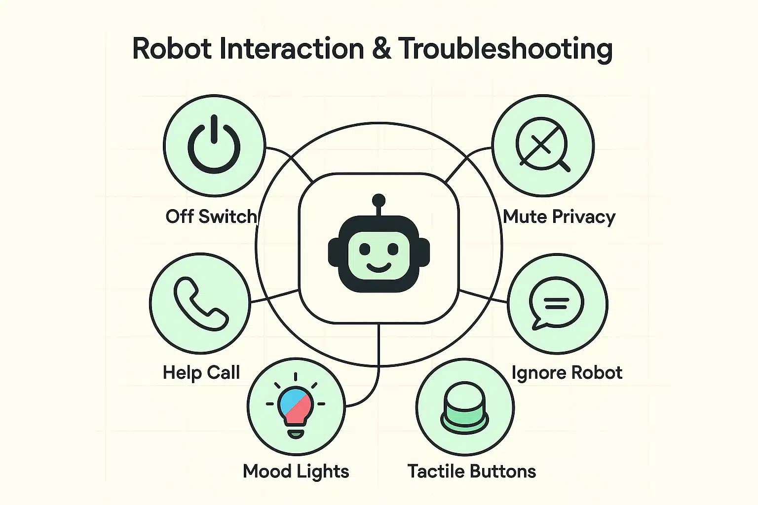 Clarifies key interaction controls and troubleshooting aids, empowering seniors to confidently manage their home robot.