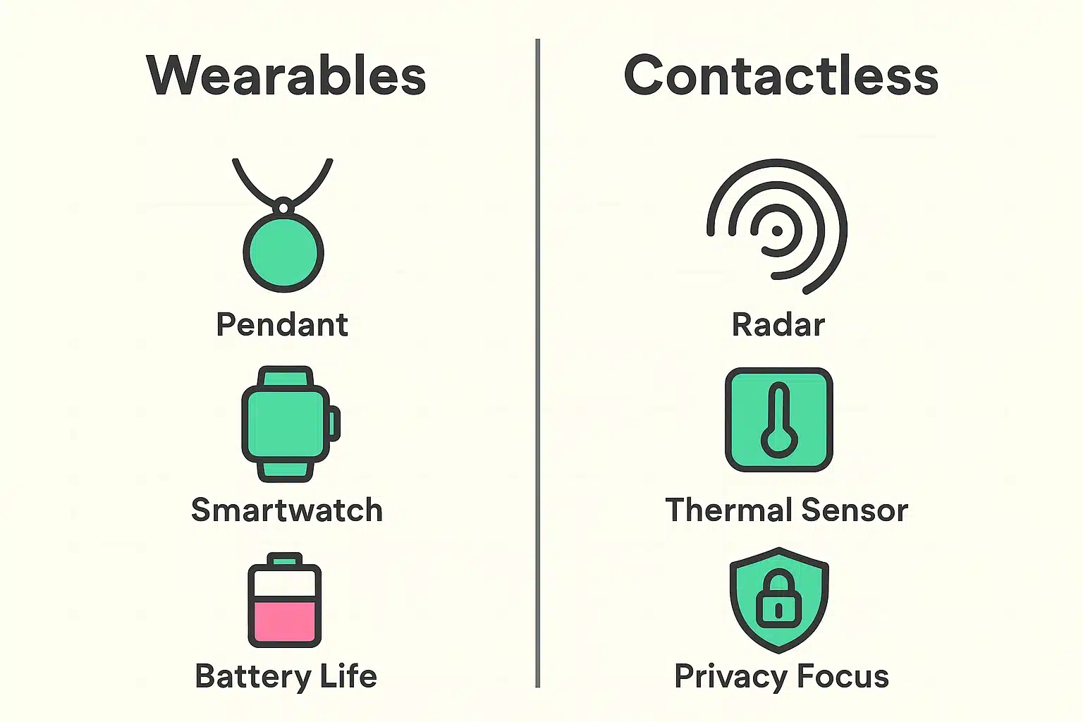 This image compares wearable devices and contactless sensors side-by-side, emphasizing their technical characteristics and privacy advantages to aid informed choices.
