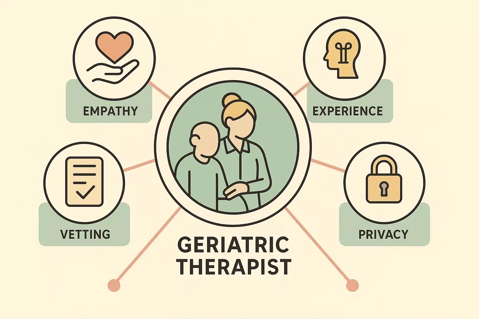 This infographic presents five vetting questions for tele therapists specialized in geriatric care