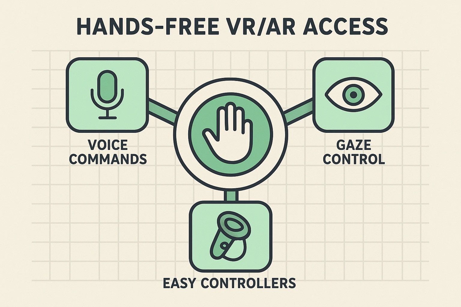 This visualization introduces the three core hands-free VR/AR accessibility methods—voice commands, gaze control, and easy-to-use controllers—designed to empower seniors with limited mobility.