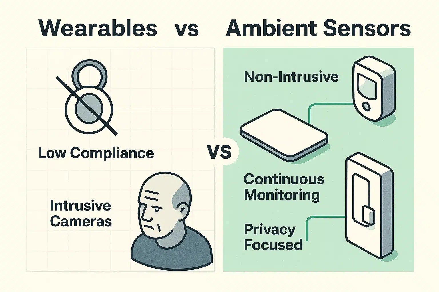 This illustration compares traditional wearable pendants with passive ambient sensors, highlighting compliance challenges and privacy benefits, making the case for non-intrusive senior monitoring.