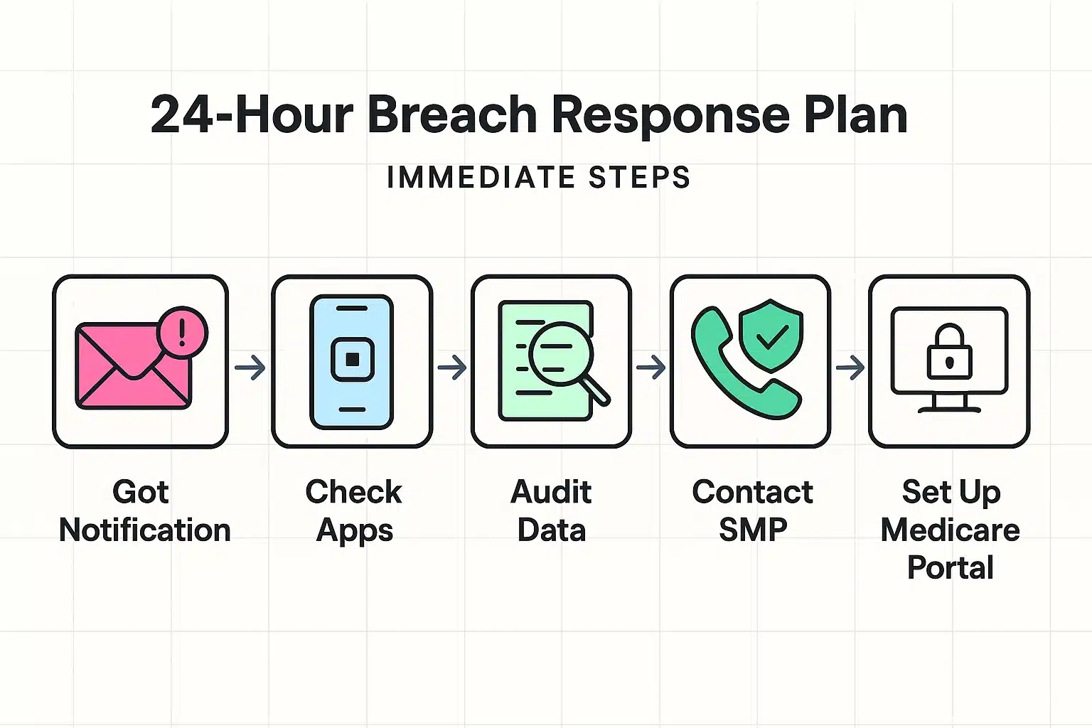 This step-by-step flow guides seniors through urgent actions to take within 24 hours after a breach alert involving their wearable health data.