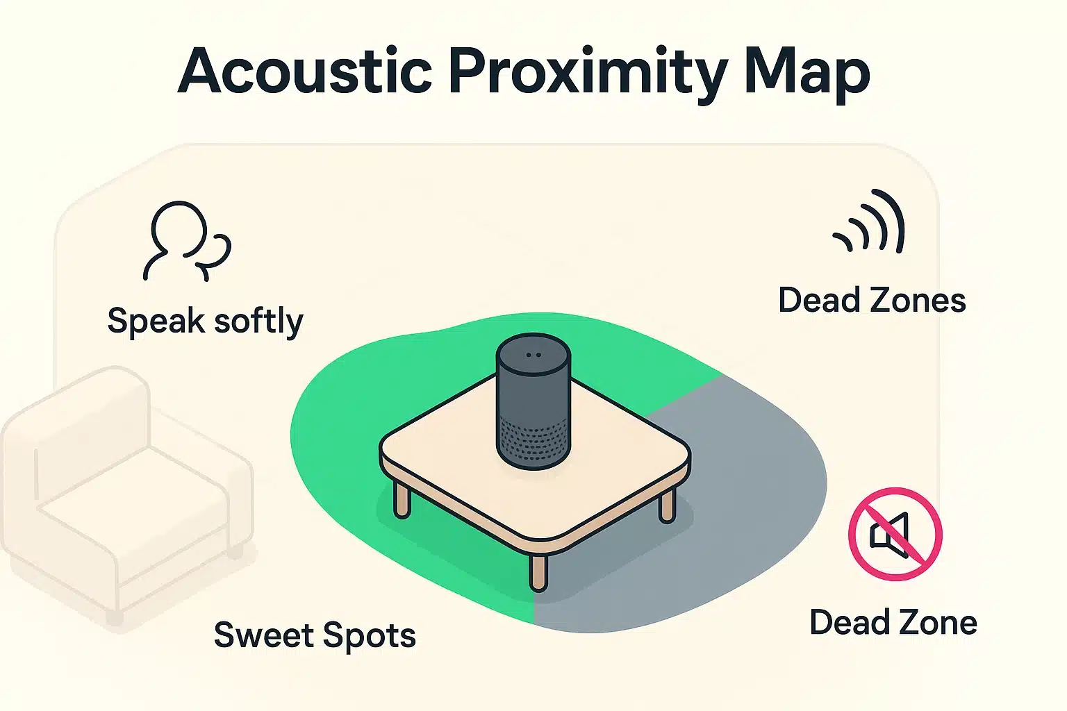 This illustration highlights optimal and poor device placement zones in a living room, helping seniors position smart speakers for better voice pickup.