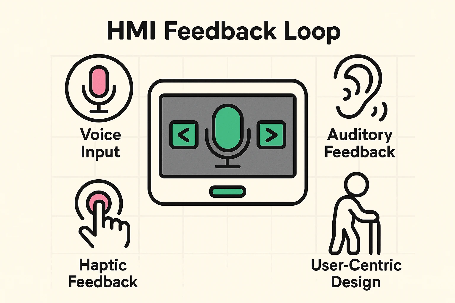 This visual explains the human-machine interface feedback loop in autonomous cars, highlighting how multisensory voice control and haptic feedback accommodate seniors with sensory challenges.