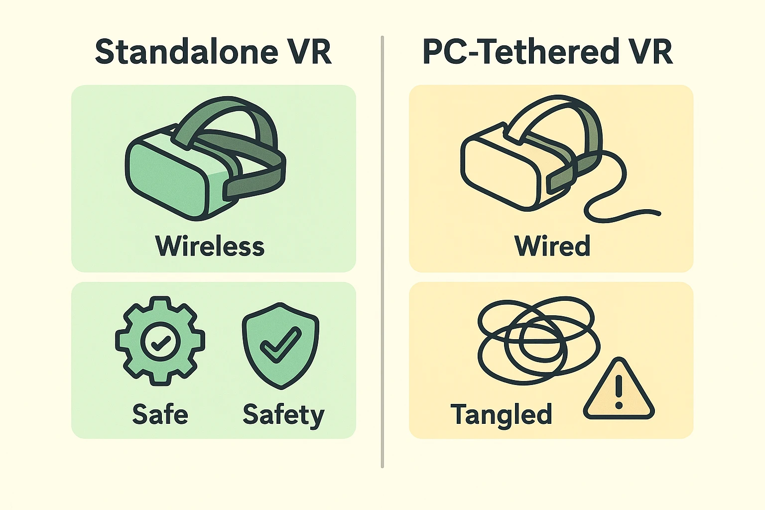A side-by-side visual comparison of standalone and PC-tethered VR headsets emphasizing safety and ease-of-use to help seniors choose the right device.