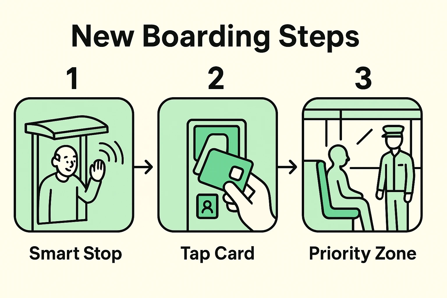 This step-by-step image guides seniors through automated transit boarding: signaling the stop, contactless payment with discounts, and finding priority seating with onboard assistance.