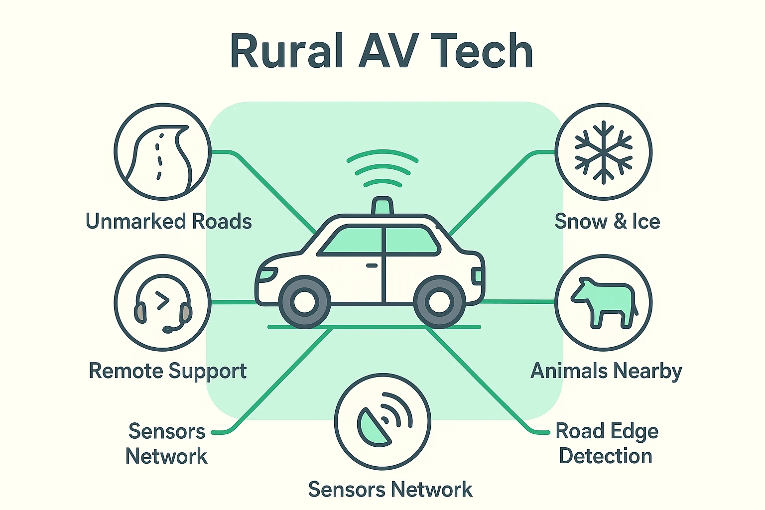 Explains how sensors and remote support enable autonomous vehicles to safely navigate rural conditions.