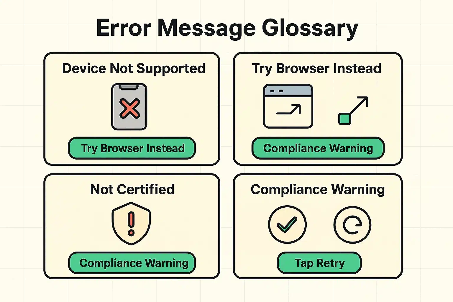 This error message glossary visually decodes common telehealth warnings for seniors, pairing each with intuitive next steps to restore connection.