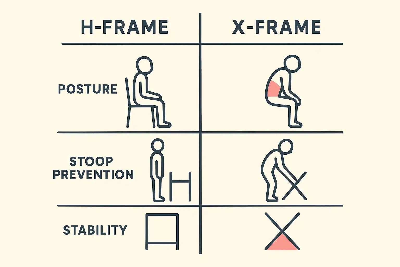 Ergonomic comparison of H-Frame vs X-Frame walker designs with clear icons to illustrate posture, stooping prevention, and stability differences.