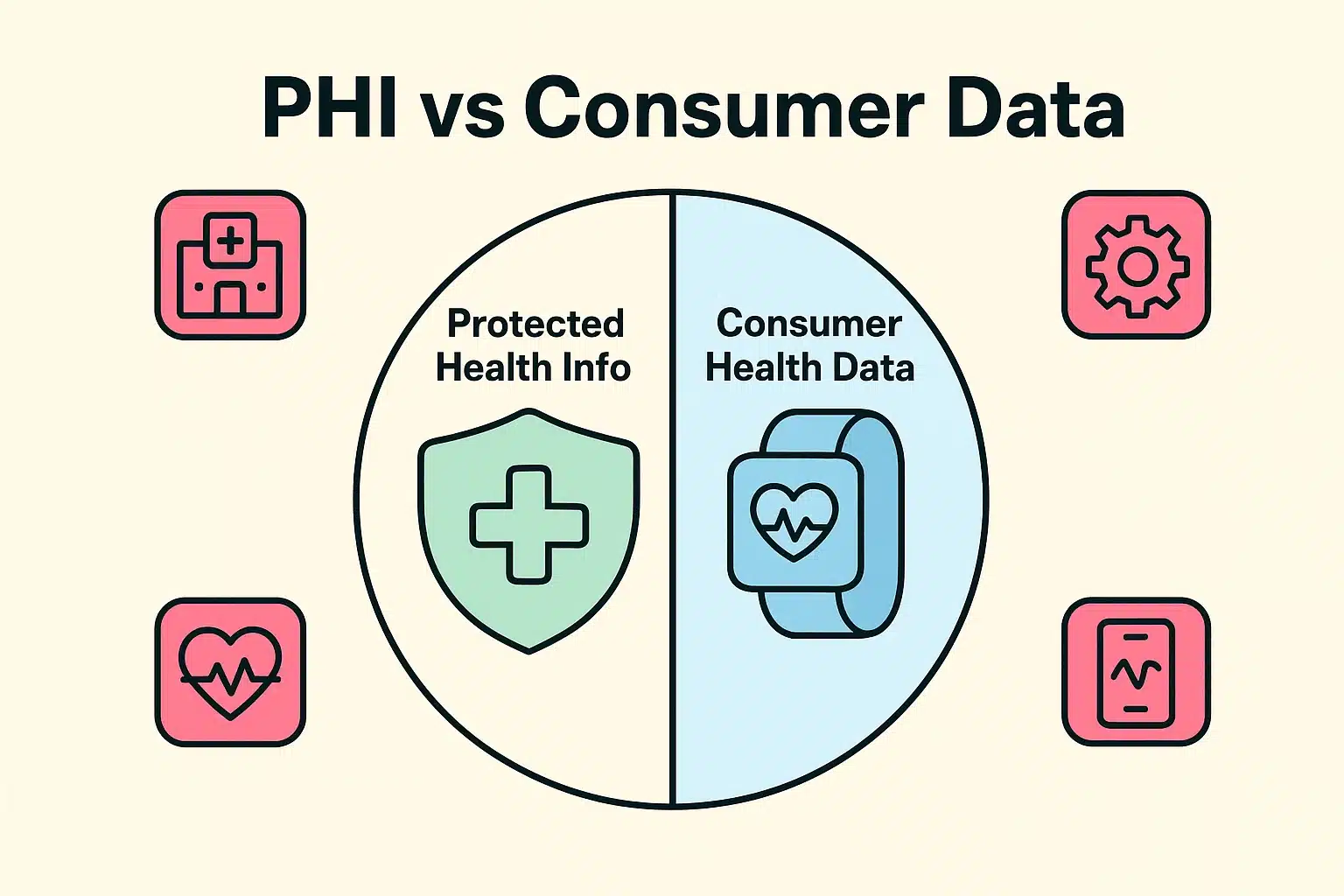 This visual clarifies the difference between PHI and consumer health data like wearables, helping seniors understand which information is most vulnerable in a breach.