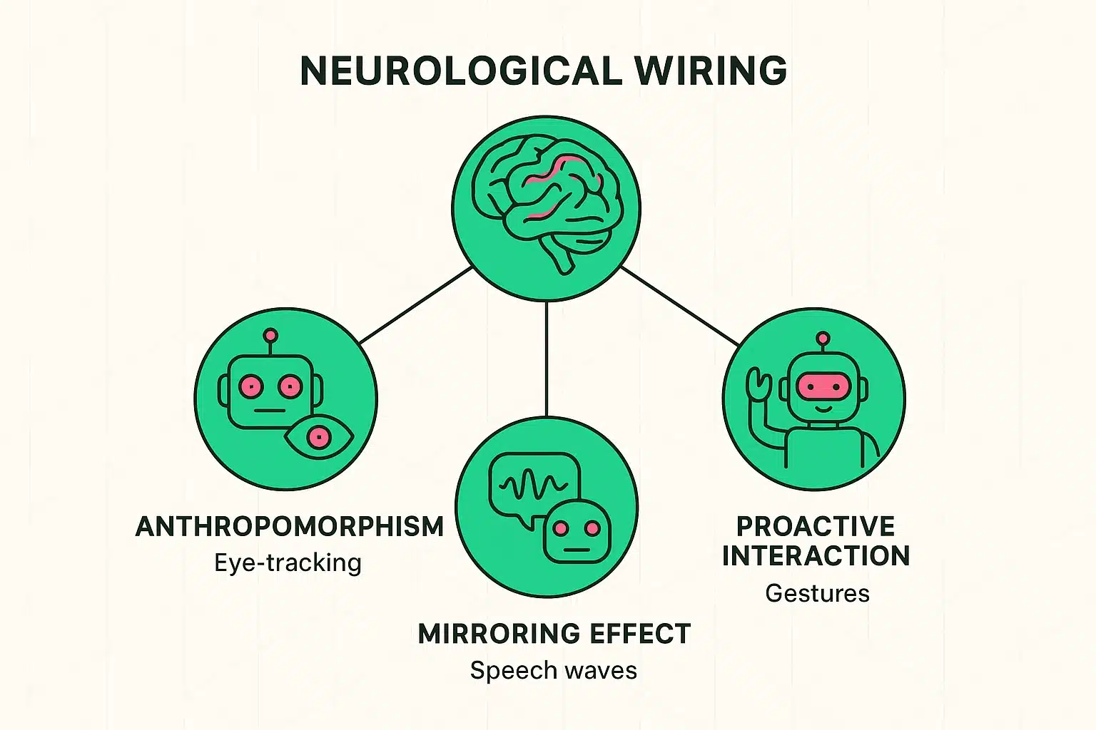 This infographic explains how human brains naturally bond with companion robots through anthropomorphism, mirroring, and proactive engagement effects.