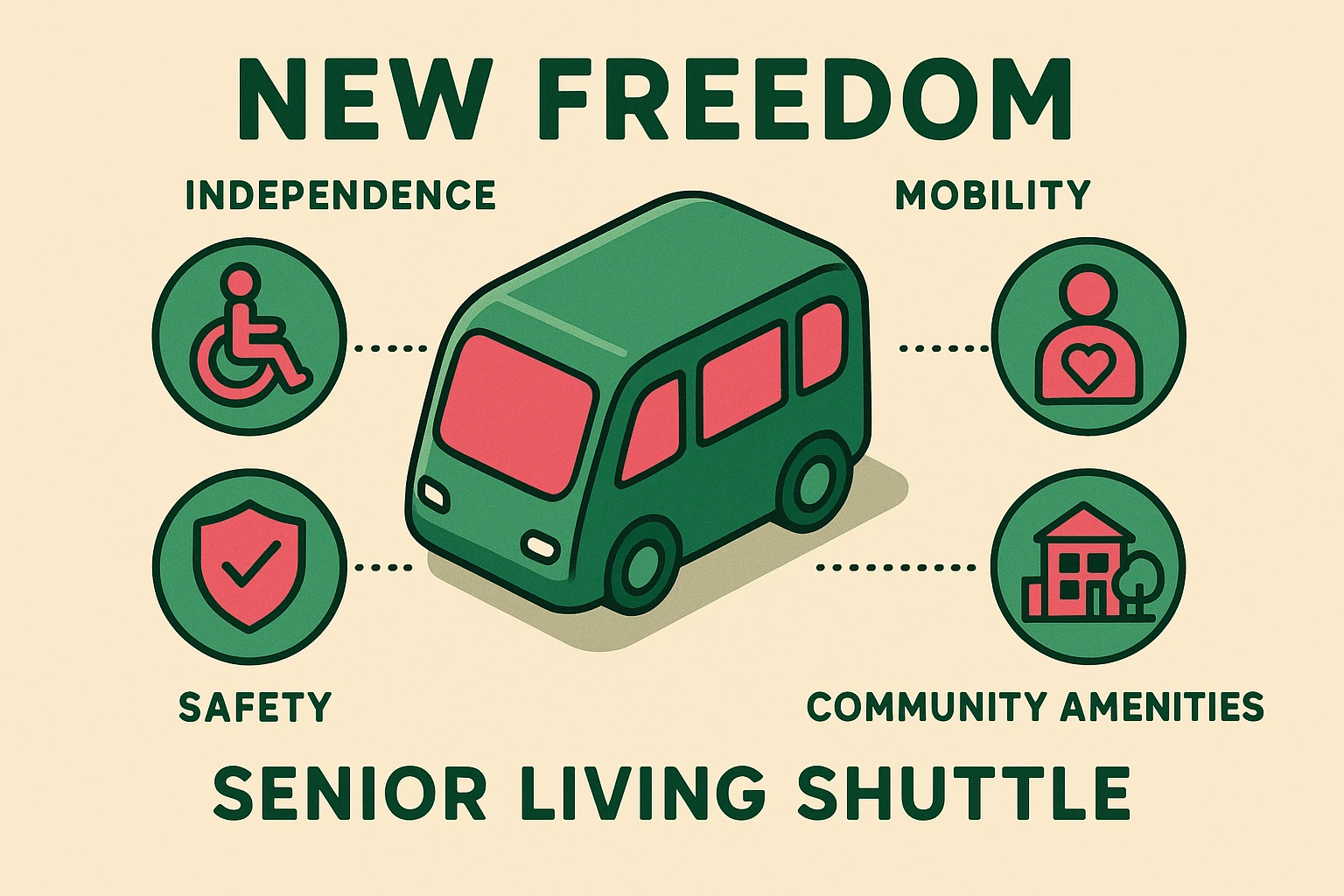 Conceptual visualization of autonomous shuttles enabling freedom and dignified mobility for seniors.