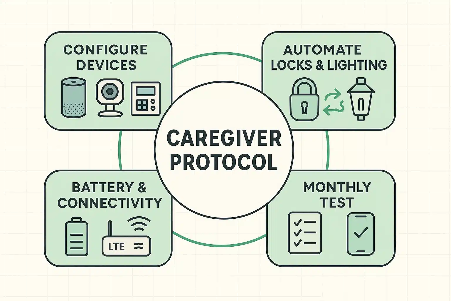 This image summarizes practical caregiver actions for configuring and maintaining smart home emergency setups, promoting safety through regular protocol adherence.