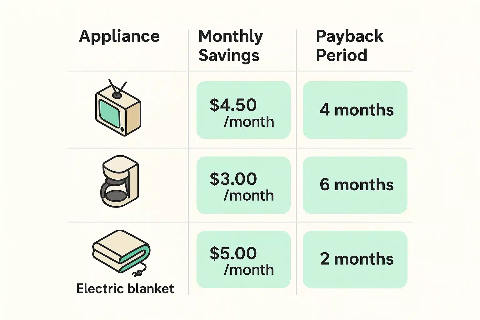 A clear payback calculator infographic helping seniors understand how smart plugs recover costs based on appliance energy savings.