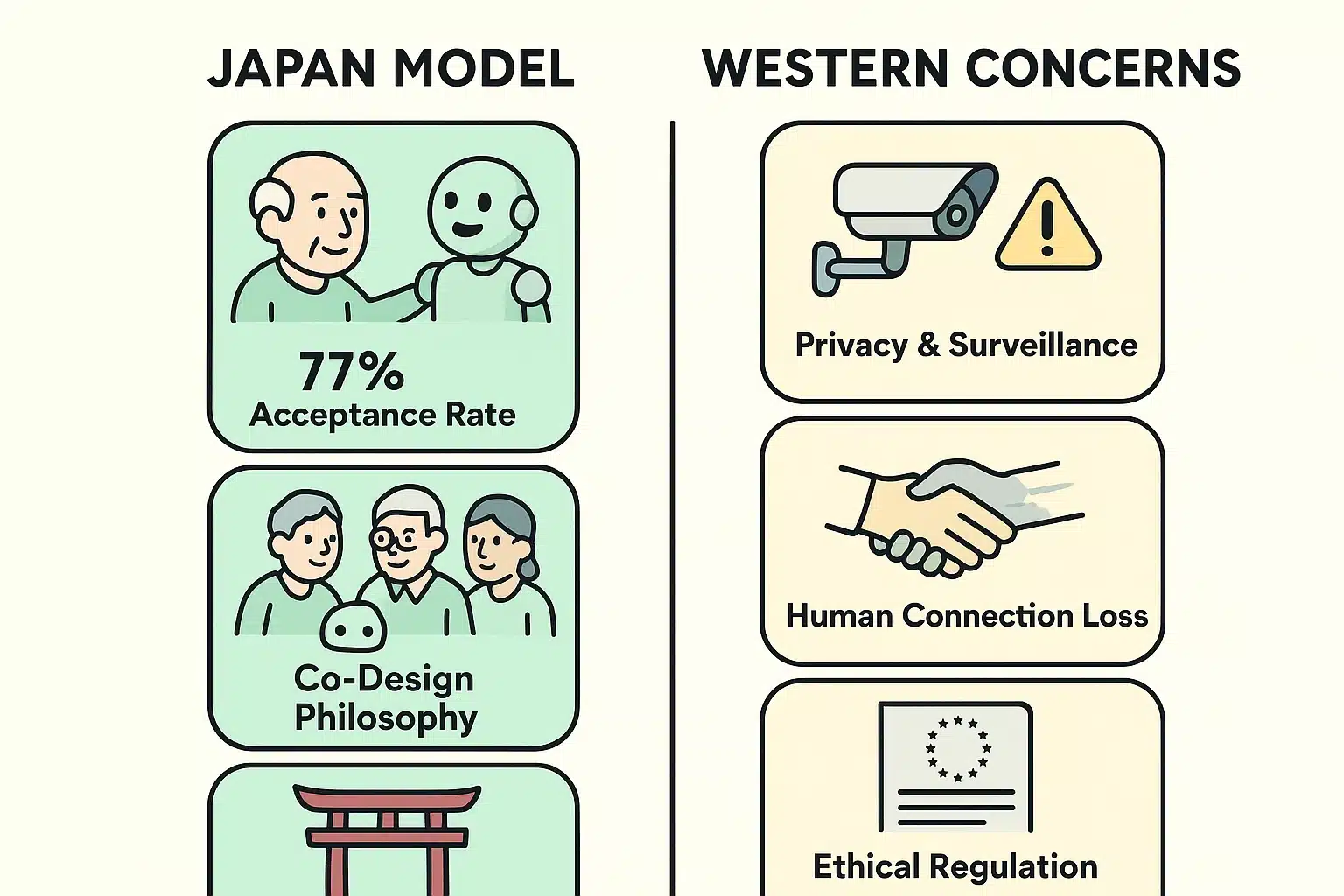 This comparison highlights Japan’s successful care robot adoption alongside Western concerns about privacy, human connection, and regulation, illustrating cross-cultural ethical dynamics.