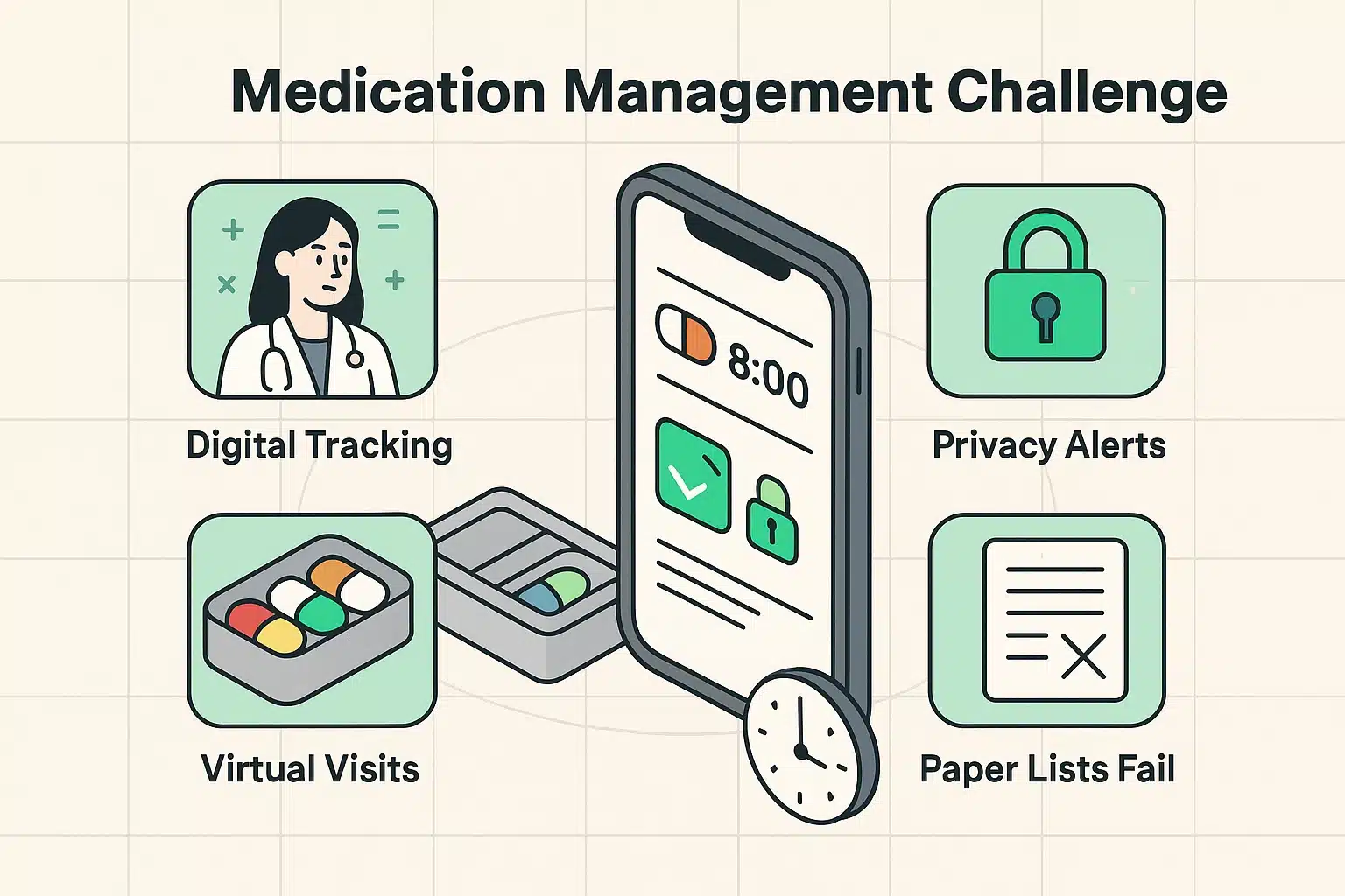 This image visualizes the core challenges seniors face managing medications digitally while preparing for telehealth visits, highlighting the shift from paper lists to digital tracking combined with privacy and reminder features.