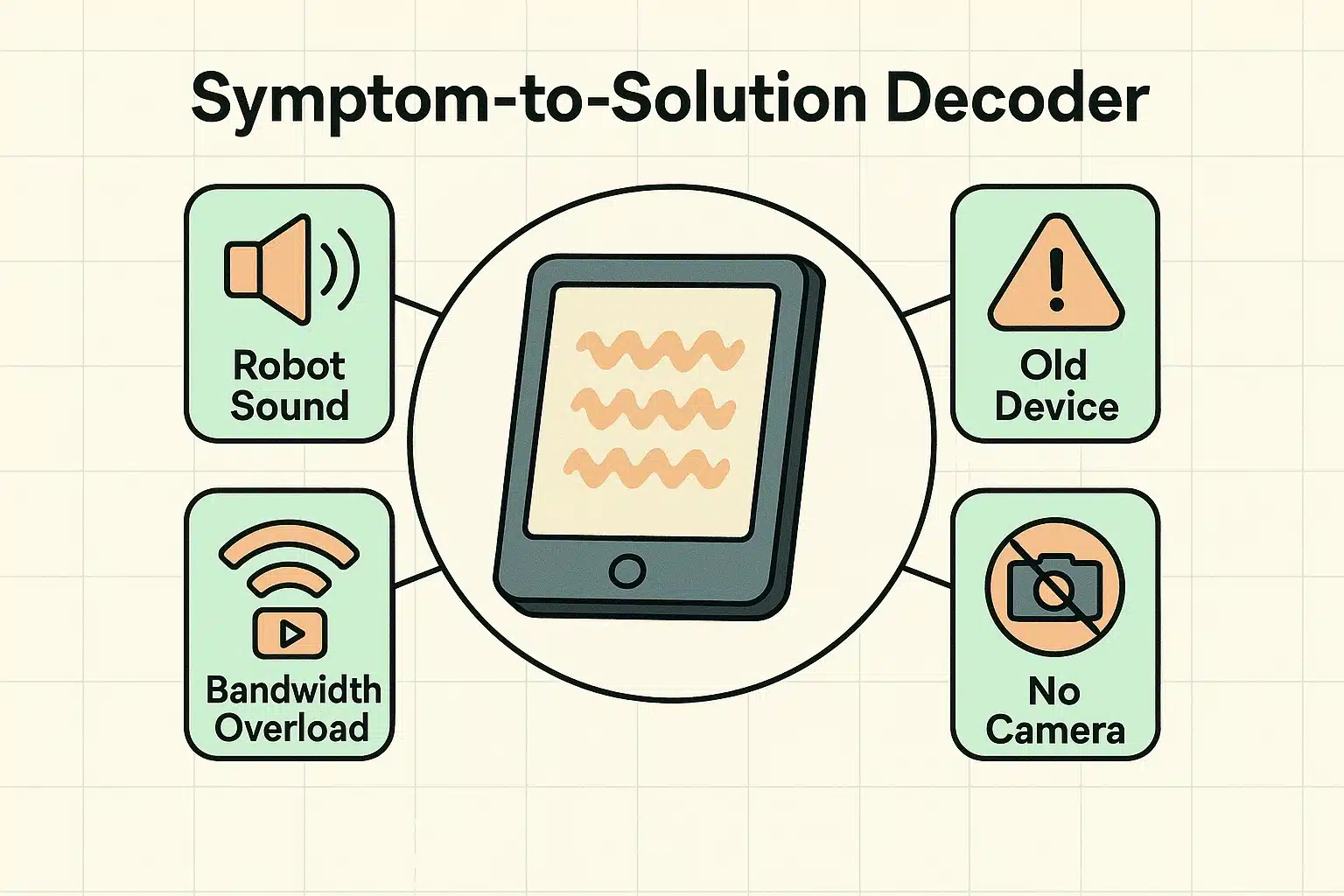 This visual maps common telehealth video call problems seniors face, each represented by a clear icon, helping users quickly identify symptoms and corresponding fixes.