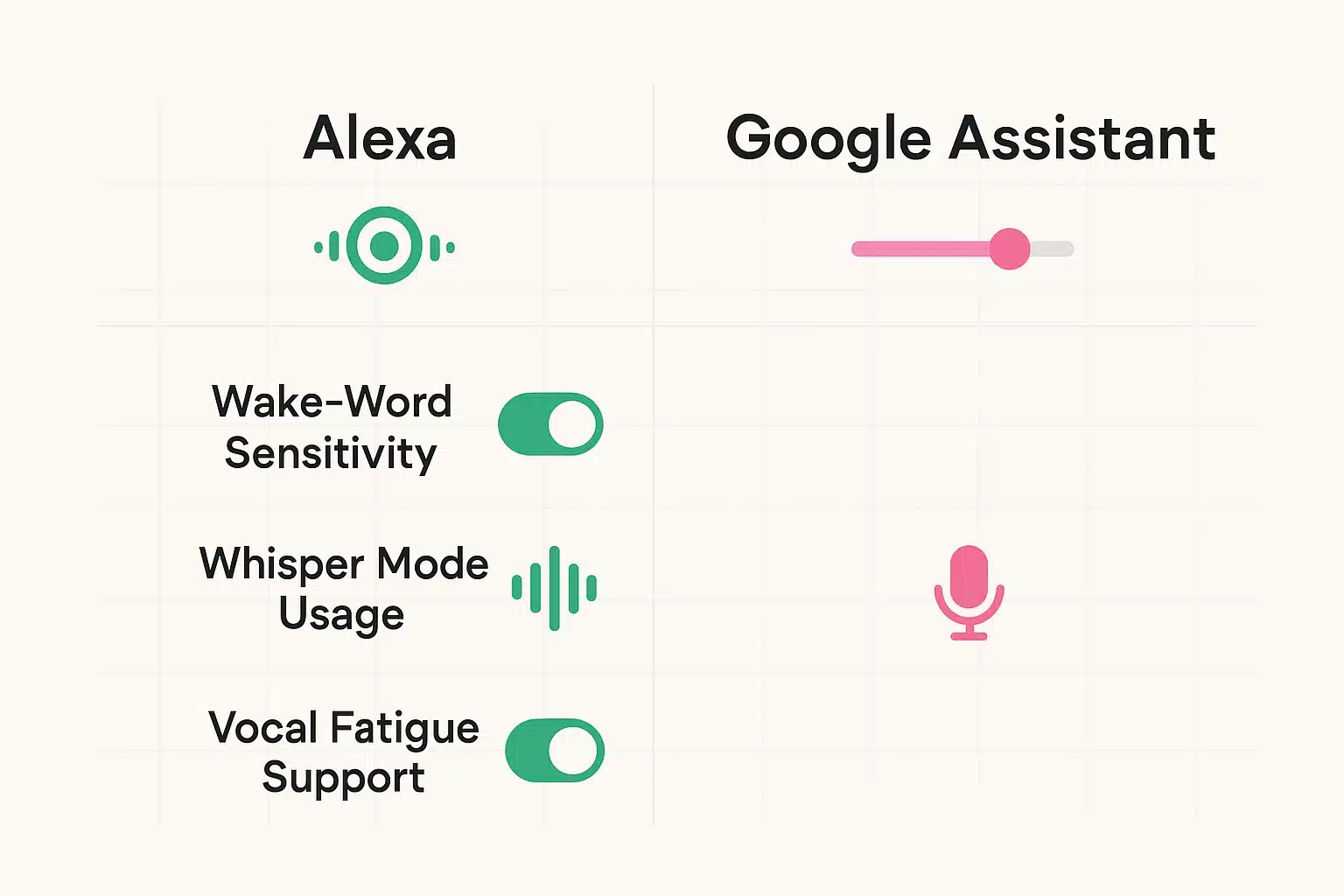 A clear visual comparison between Alexa and Google Assistant highlighting differences in voice sensitivity, whisper mode, and vocal fatigue support.
