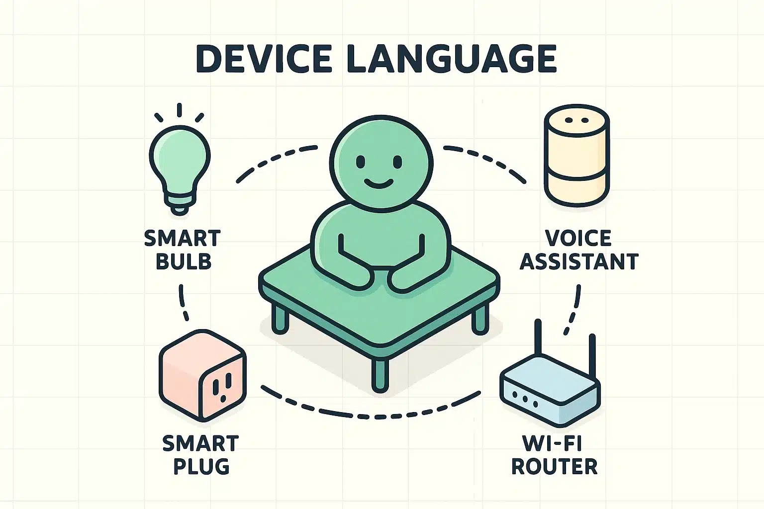 This image visualizes smart home devices speaking different "languages" and how the hub acts like an interpreter, helping seniors understand connectivity concepts.