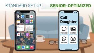 A side-by-side comparison of two smartphone screens showing the impact of senior-friendly accessibility settings. The left screen shows standard tiny text and complex icons. The right screen shows much larger bold text and simplified, high-contrast icons.