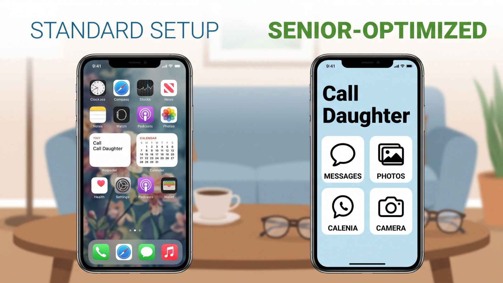 A side-by-side comparison of two smartphone screens showing the impact of senior-friendly accessibility settings. The left screen shows standard tiny text and complex icons. The right screen shows much larger bold text and simplified, high-contrast icons.