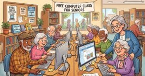 Senior adults learning at a free computer class for seniors in a public library.