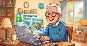 Senior practicing online safety habits confidently at a laptop at home.
