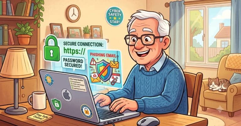 Senior practicing online safety habits confidently at a laptop at home.