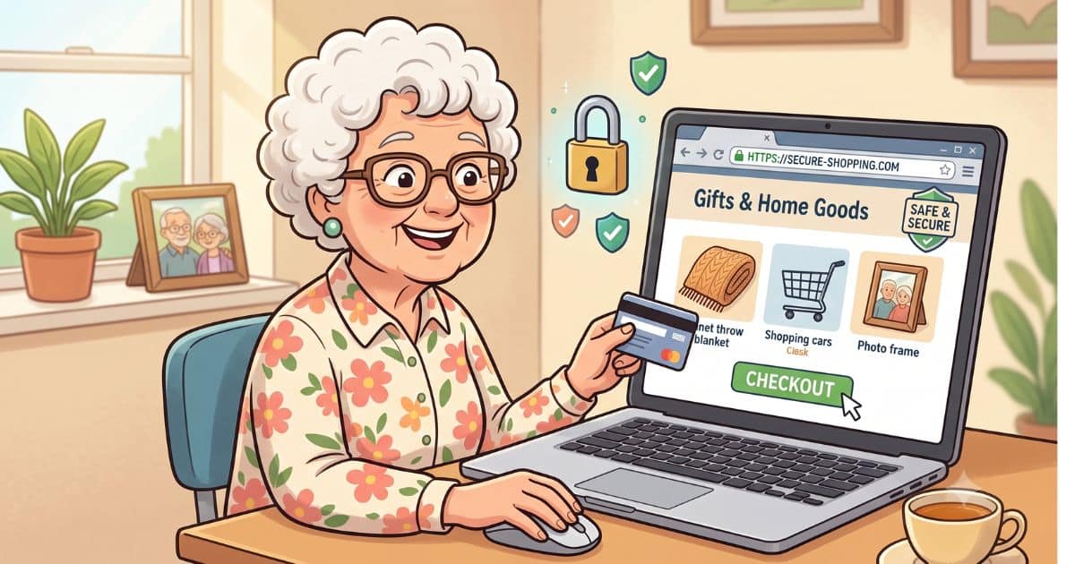 Senior shopping safely online with a credit card at a laptop.