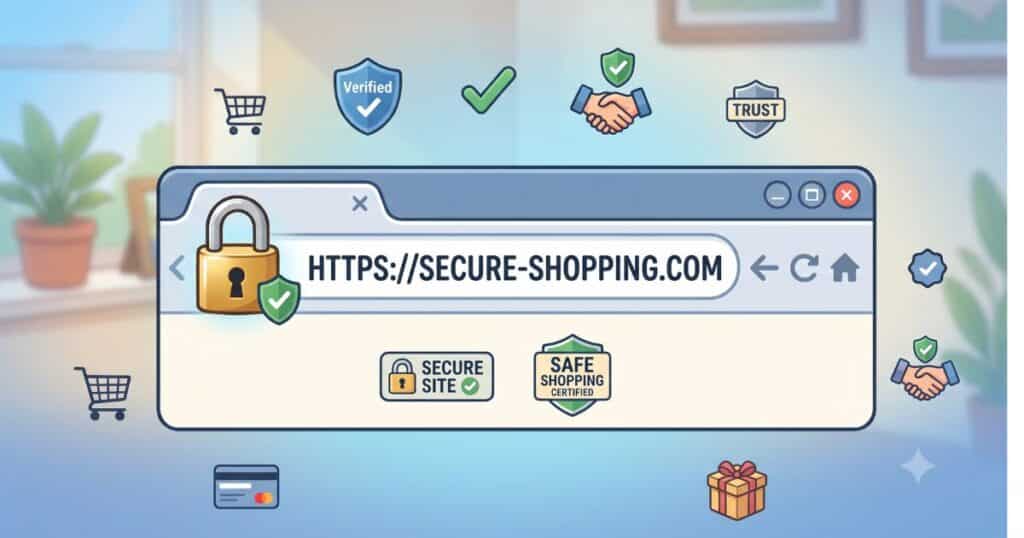 Browser address bar showing https and a padlock icon on a safe online shopping site.