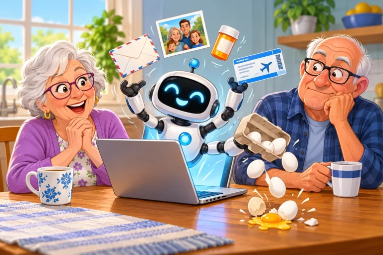 An older woman beams while her husband looks skeptical as a cartoon AI robot pops out of their laptop, juggling helpful items while dropping a carton of eggs.