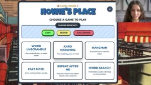 Morgan Cole shows the Howie's Place game menu: word unscramble, card matching, hangman, fast math, repeat after me and word search